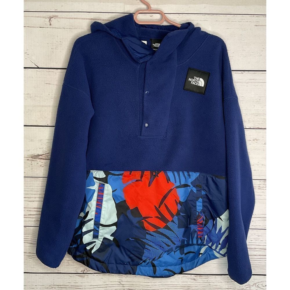 The North Fleece Jacket Womens Medium M Blue Red Hooded Half Snap Long Sleeve